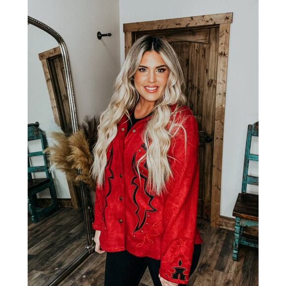 Lucky & Blessed Red Suede Boot Stitch Studded Jacket Western Rodeo NFR~NEW - Picture 3 of 16